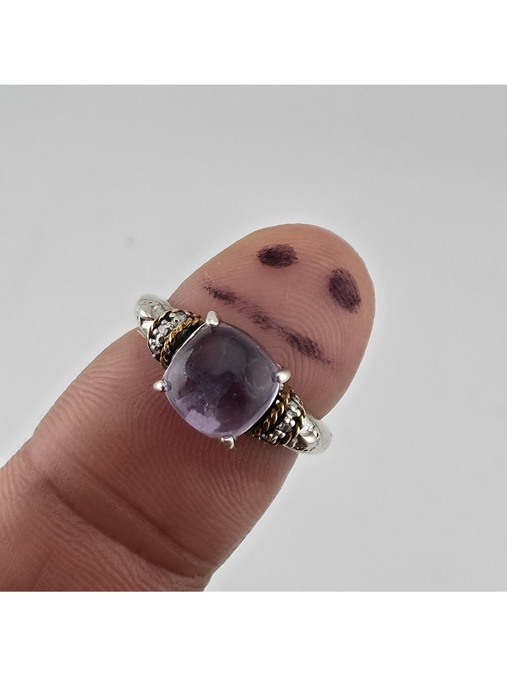 Sterling Silver & 18K Amethyst Cabochon Ring Designer Signed P G Size 5.75
